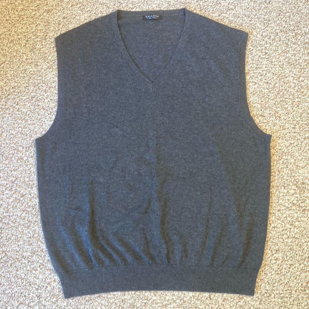 Kallspin Mens Sweater Vest Size 3XLT Tall Gray Wool Blend Dark Academia Preppy
